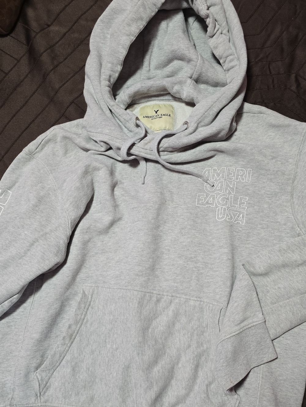 American Eagle Outfitters Light Gray Pullover Hoodie with USA Chest Logo